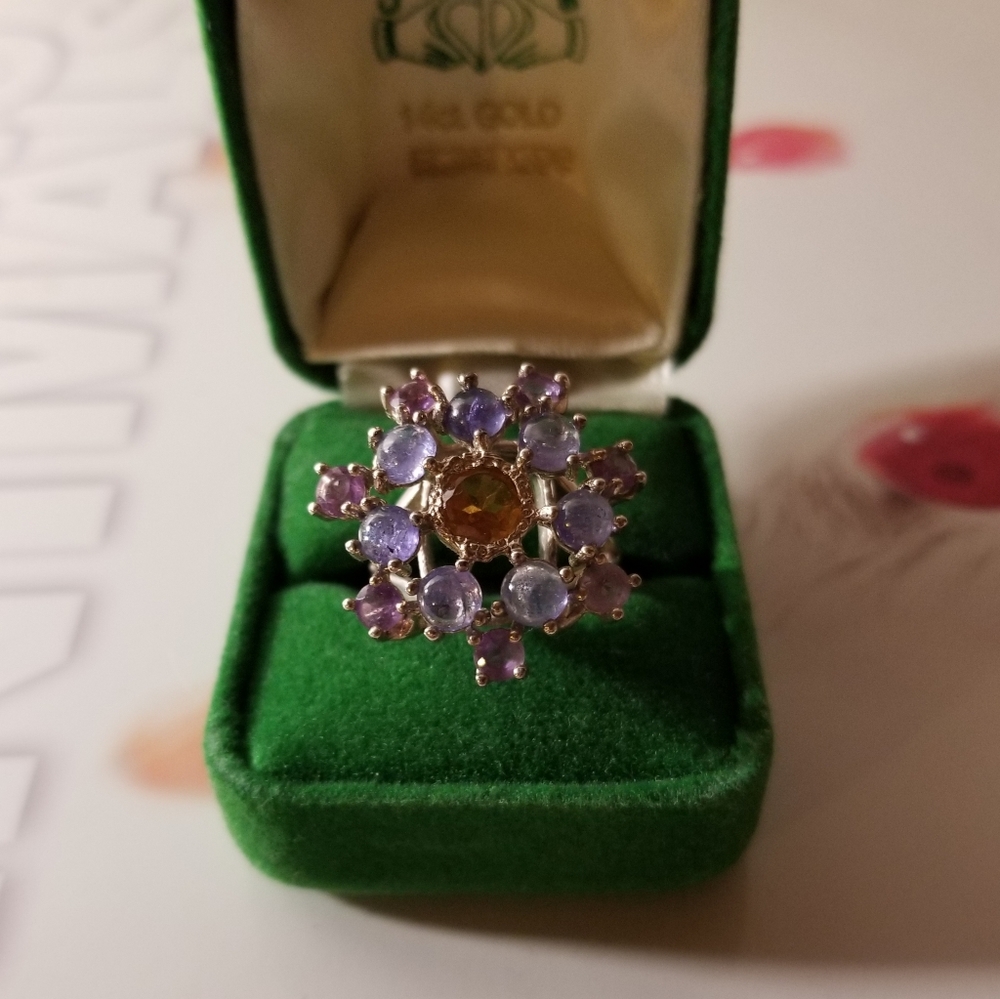 Vintage Sterling Silver Princess Ring with Tanzanite, Amethyst and Citrine